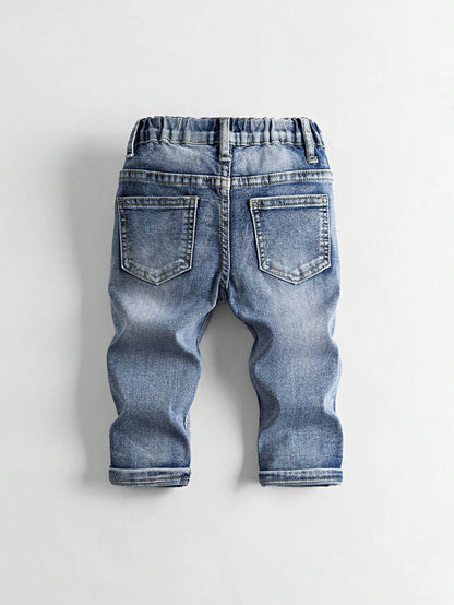 Baby Boy Denim Long Pants, Summer New Casual Cute Playful Style Light Blue Vintage Distressed Denim Color Washed Distressed Process Side Elastic High Waist Fitted Tapered Soft Skin-Friendly Fine Cotto