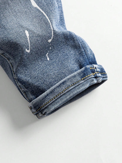 Baby Boy Denim Long Pants, Summer New Casual Cute Playful Style Light Blue Vintage Distressed Denim Color Washed Distressed Process Side Elastic High Waist Fitted Tapered Soft Skin-Friendly Fine Cotto