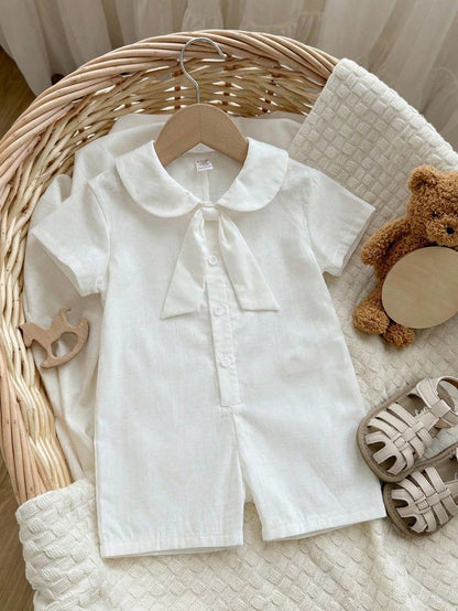 Baby Boy/Girl Casual Collegiate Vacation White Short Sleeve Shirt & Shorts Romper, Suitable For Spring/Summer Wear