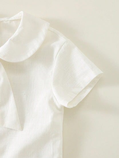 Baby Boy/Girl Casual Collegiate Vacation White Short Sleeve Shirt & Shorts Romper, Suitable For Spring/Summer Wear