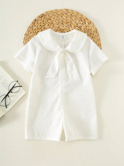 Baby Boy/Girl Casual Collegiate Vacation White Short Sleeve Shirt & Shorts Romper, Suitable For Spring/Summer Wear