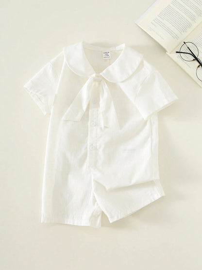 Baby Boy/Girl Casual Collegiate Vacation White Short Sleeve Shirt & Shorts Romper, Suitable For Spring/Summer Wear