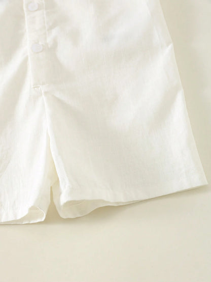 Baby Boy/Girl Casual Collegiate Vacation White Short Sleeve Shirt & Shorts Romper, Suitable For Spring/Summer Wear
