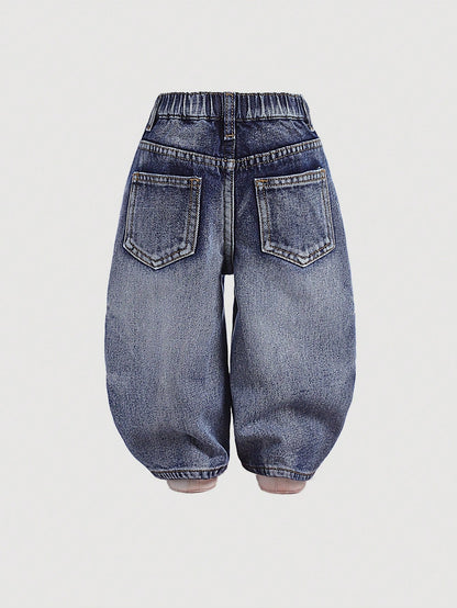 Baby Boy Stonewashed Retro Distressed Vintage Washed Cat Whiskers Baggy Blue Denim Jeans,For Baby Boys Indoor/Outdoor Fall/Winter Clothes
