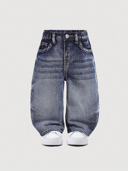 Baby Boy Stonewashed Retro Distressed Vintage Washed Cat Whiskers Baggy Blue Denim Jeans,For Baby Boys Indoor/Outdoor Fall/Winter Clothes