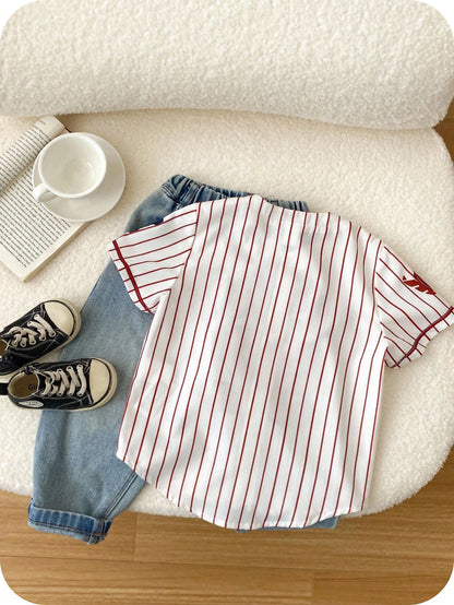 Baby Boys Baseball Jacket Outfit Set,Red And White Stripe,Summer,Street Life Casual Graphic Street Fashion,Carrer Day,Back-To-School Jersey Tops