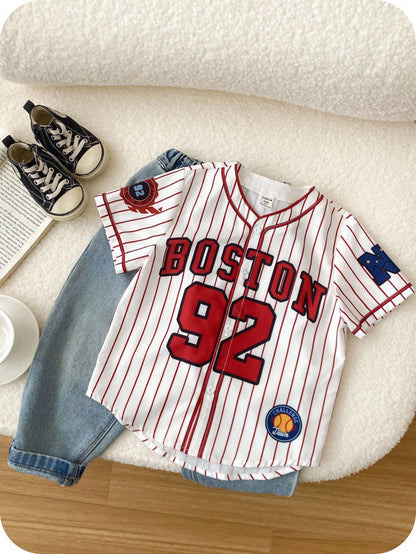 Baby Boys Baseball Jacket Outfit Set,Red And White Stripe,Summer,Street Life Casual Graphic Street Fashion,Carrer Day,Back-To-School Jersey Tops