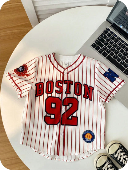 Baby Boys Baseball Jacket Outfit Set,Red And White Stripe,Summer,Street Life Casual Graphic Street Fashion,Carrer Day,Back-To-School Jersey Tops