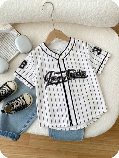 Baby Boys Baseball Jacket Outfit Set,Red And White Stripe,Summer,Street Life Casual Graphic Street Fashion,Carrer Day,Back-To-School Jersey Tops