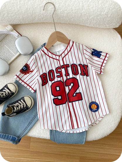 Baby Boys Baseball Jacket Outfit Set,Red And White Stripe,Summer,Street Life Casual Graphic Street Fashion,Carrer Day,Back-To-School Jersey Tops