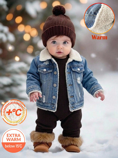 Baby Boys Basic Warm Fleece Lined Blue Denim Collar Long Sleeve Jacket,Fall/Winter,For Baby Back To School And Halloween Clothes,Toddler Jeans,Warm