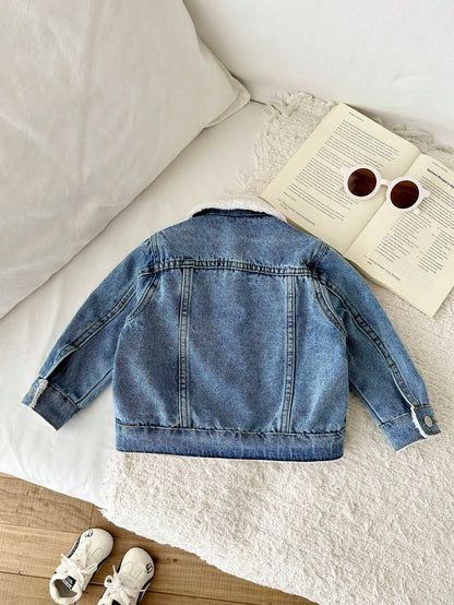 Baby Boys Basic Warm Fleece Lined Blue Denim Collar Long Sleeve Jacket,Fall/Winter,For Baby Back To School And Halloween Clothes,Toddler Jeans,Warm