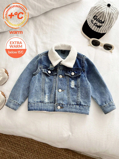 Baby Boys Basic Warm Fleece Lined Blue Denim Collar Long Sleeve Jacket,Fall/Winter,For Baby Back To School And Halloween Clothes,Toddler Jeans,Warm