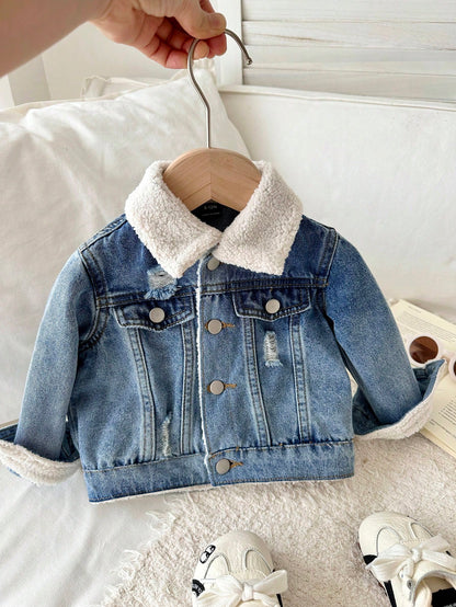 Baby Boys Basic Warm Fleece Lined Blue Denim Collar Long Sleeve Jacket,Fall/Winter,For Baby Back To School And Halloween Clothes,Toddler Jeans,Warm