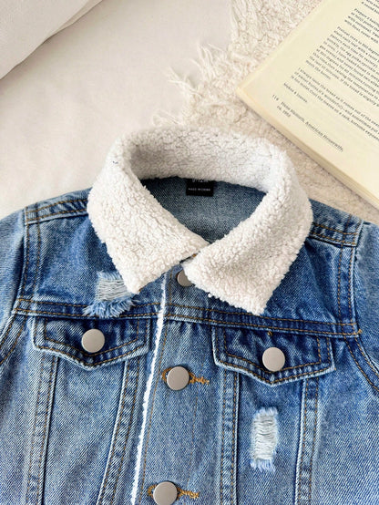 Baby Boys Basic Warm Fleece Lined Blue Denim Collar Long Sleeve Jacket,Fall/Winter,For Baby Back To School And Halloween Clothes,Toddler Jeans,Warm