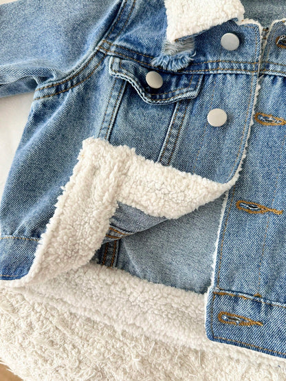 Baby Boys Basic Warm Fleece Lined Blue Denim Collar Long Sleeve Jacket,Fall/Winter,For Baby Back To School And Halloween Clothes,Toddler Jeans,Warm