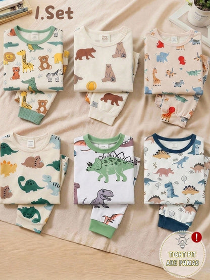 Baby Boys Pajamas 2pcs/Set Cute Dinosaur Print Long Sleeve Long Pants Knit Soft Comfortable Snug Fit Loungewear Set