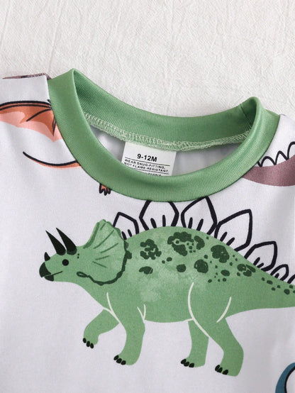 Baby Boys Pajamas 2pcs/Set Cute Dinosaur Print Long Sleeve Long Pants Knit Soft Comfortable Snug Fit Loungewear Set