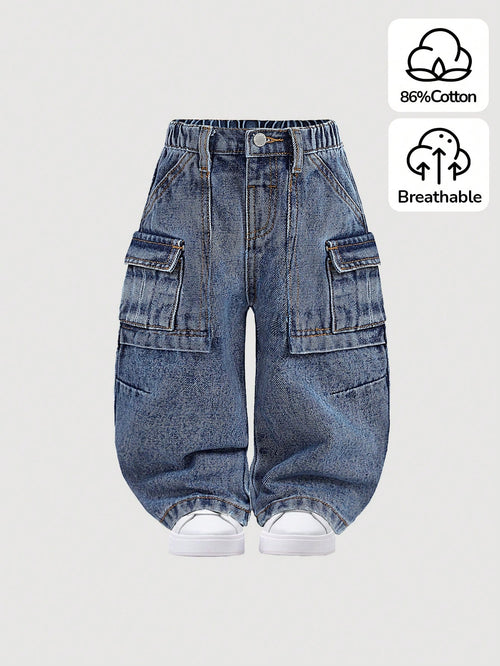 Baby Boys' Stonewashed Retro Cargo Pocket Loose Fit Blue Denim Jeans,Summer Back-To-School Street Life Casual Graphic Street Fashion