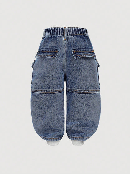 Baby Boys' Stonewashed Retro Cargo Pocket Loose Fit Blue Denim Jeans,Summer Back-To-School Street Life Casual Graphic Street Fashion