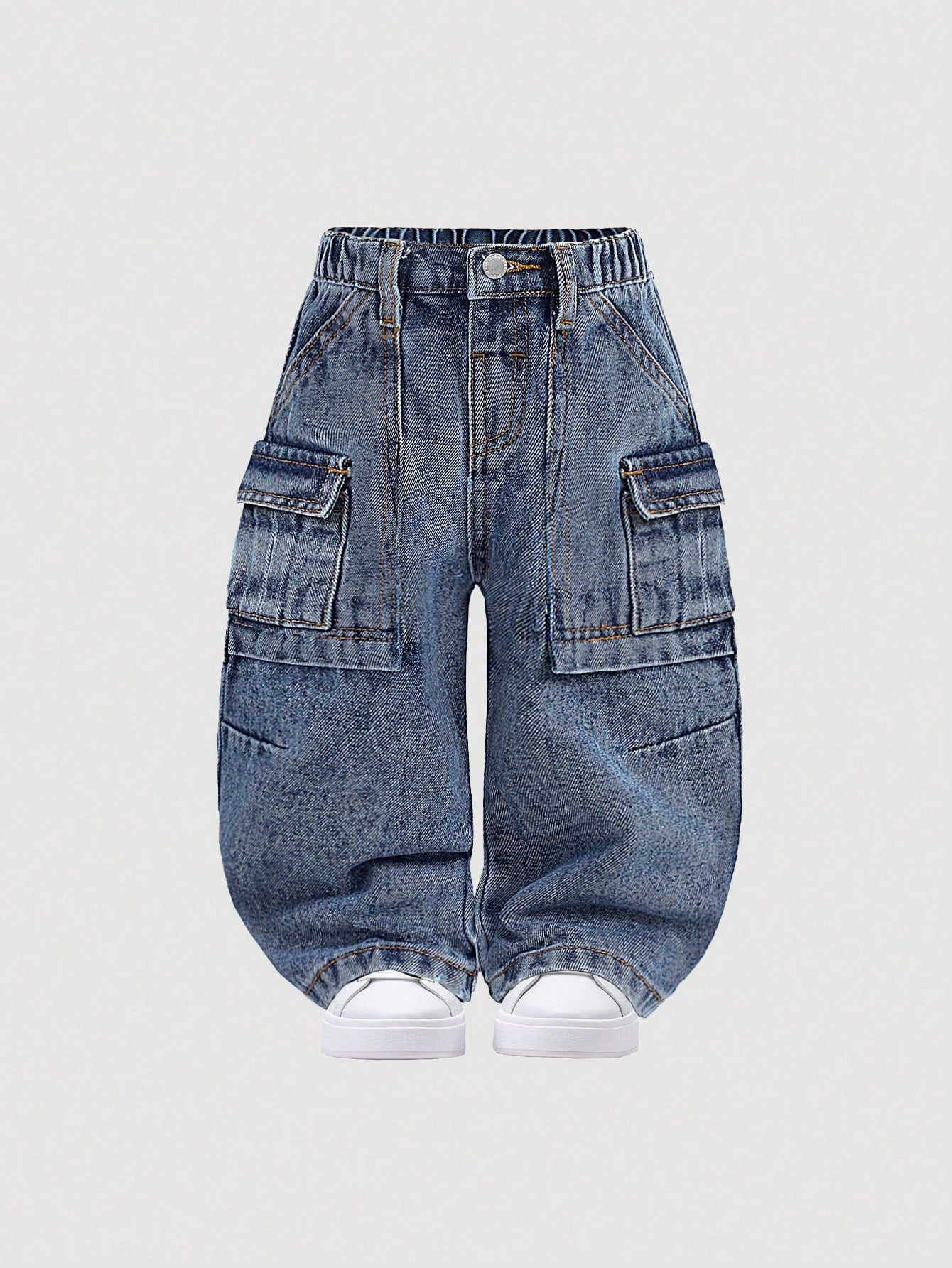 Baby Boys' Stonewashed Retro Cargo Pocket Loose Fit Blue Denim Jeans,Summer Back-To-School Street Life Casual Graphic Street Fashion