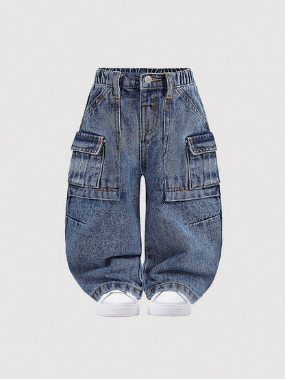 Baby Boys' Stonewashed Retro Cargo Pocket Loose Fit Blue Denim Jeans,Summer Back-To-School Street Life Casual Graphic Street Fashion
