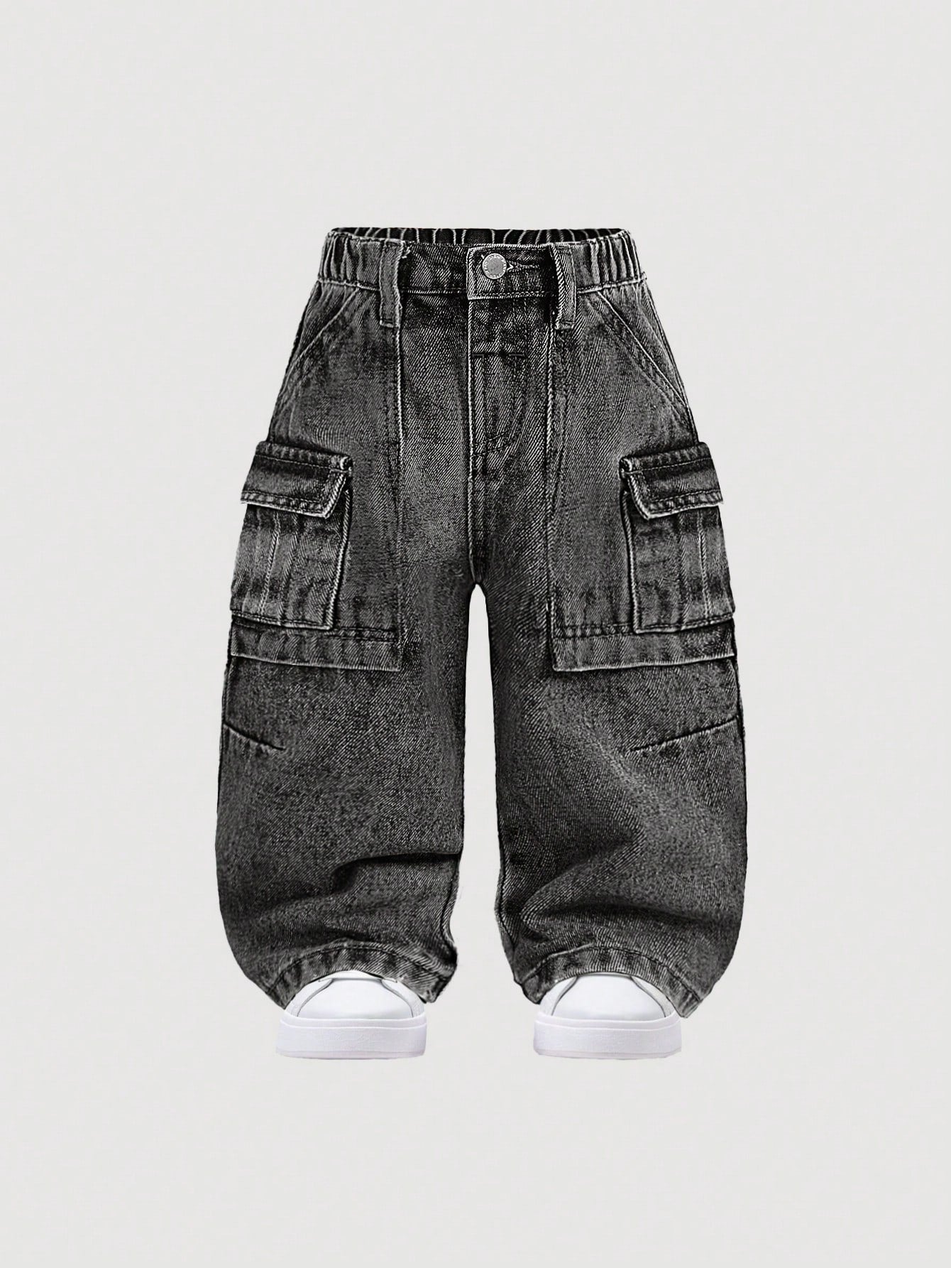 Baby Boys' Stonewashed Retro Cargo Pocket Loose Fit Blue Denim Jeans,Summer Back-To-School Street Life Casual Graphic Street Fashion