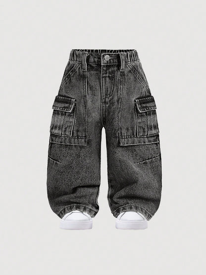 Baby Boys' Stonewashed Retro Cargo Pocket Loose Fit Blue Denim Jeans,Summer Back-To-School Street Life Casual Graphic Street Fashion