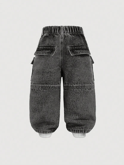 Baby Boys' Stonewashed Retro Cargo Pocket Loose Fit Blue Denim Jeans,Summer Back-To-School Street Life Casual Graphic Street Fashion