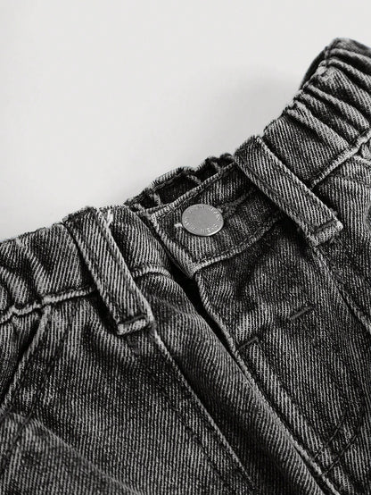 Baby Boys' Stonewashed Retro Cargo Pocket Loose Fit Blue Denim Jeans,Summer Back-To-School Street Life Casual Graphic Street Fashion