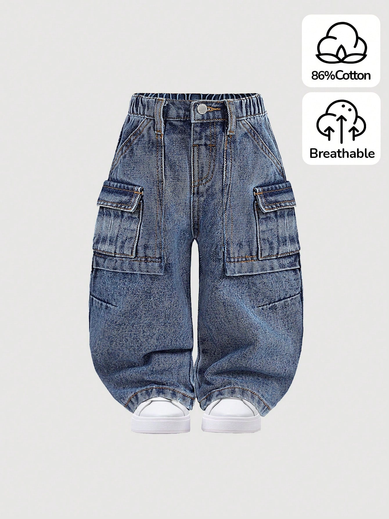 Baby Boys' Stonewashed Retro Cargo Pocket Loose Fit Blue Denim Jeans,Summer Back-To-School Street Life Casual Graphic Street Fashion