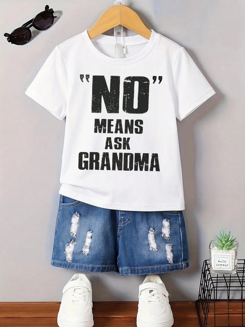 Baby Boys' White Summer Casual Family Matching T-Shirt, ""NO"" MEANS ASK GRANDMA Slogan Graphic Tee, Cute Creative Letter Print Everyday Fashion Top