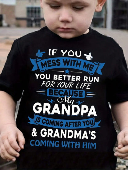 Baby Boys' White Summer Casual Family Matching T-Shirt, ""NO"" MEANS ASK GRANDMA Slogan Graphic Tee, Cute Creative Letter Print Everyday Fashion Top