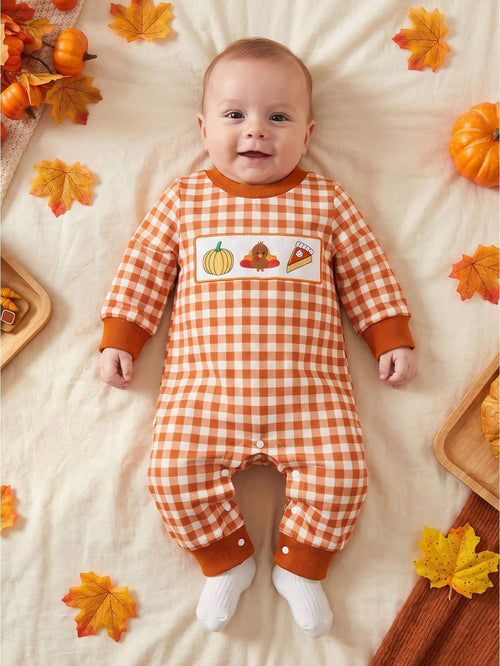 Baby Gingham Thanksgiving Romper Turkey Roast Croissant Embroidery Long Sleeve Snap Crotch Jumpsuit