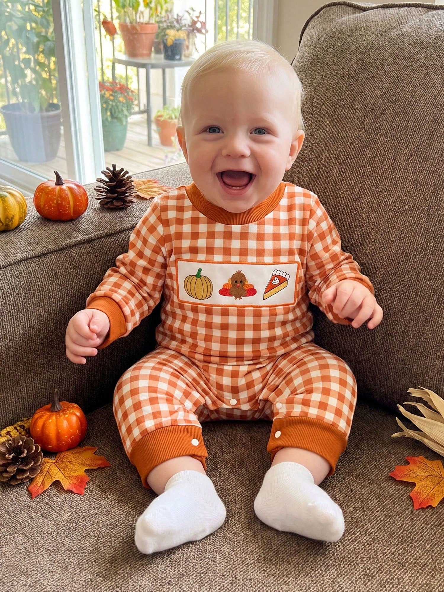 Baby Gingham Thanksgiving Romper Turkey Roast Croissant Embroidery Long Sleeve Snap Crotch Jumpsuit