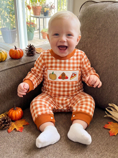 Baby Gingham Thanksgiving Romper Turkey Roast Croissant Embroidery Long Sleeve Snap Crotch Jumpsuit