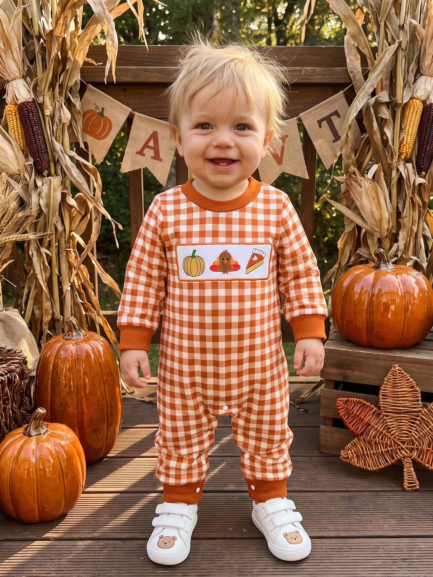 Baby Gingham Thanksgiving Romper Turkey Roast Croissant Embroidery Long Sleeve Snap Crotch Jumpsuit