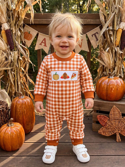 Baby Gingham Thanksgiving Romper Turkey Roast Croissant Embroidery Long Sleeve Snap Crotch Jumpsuit