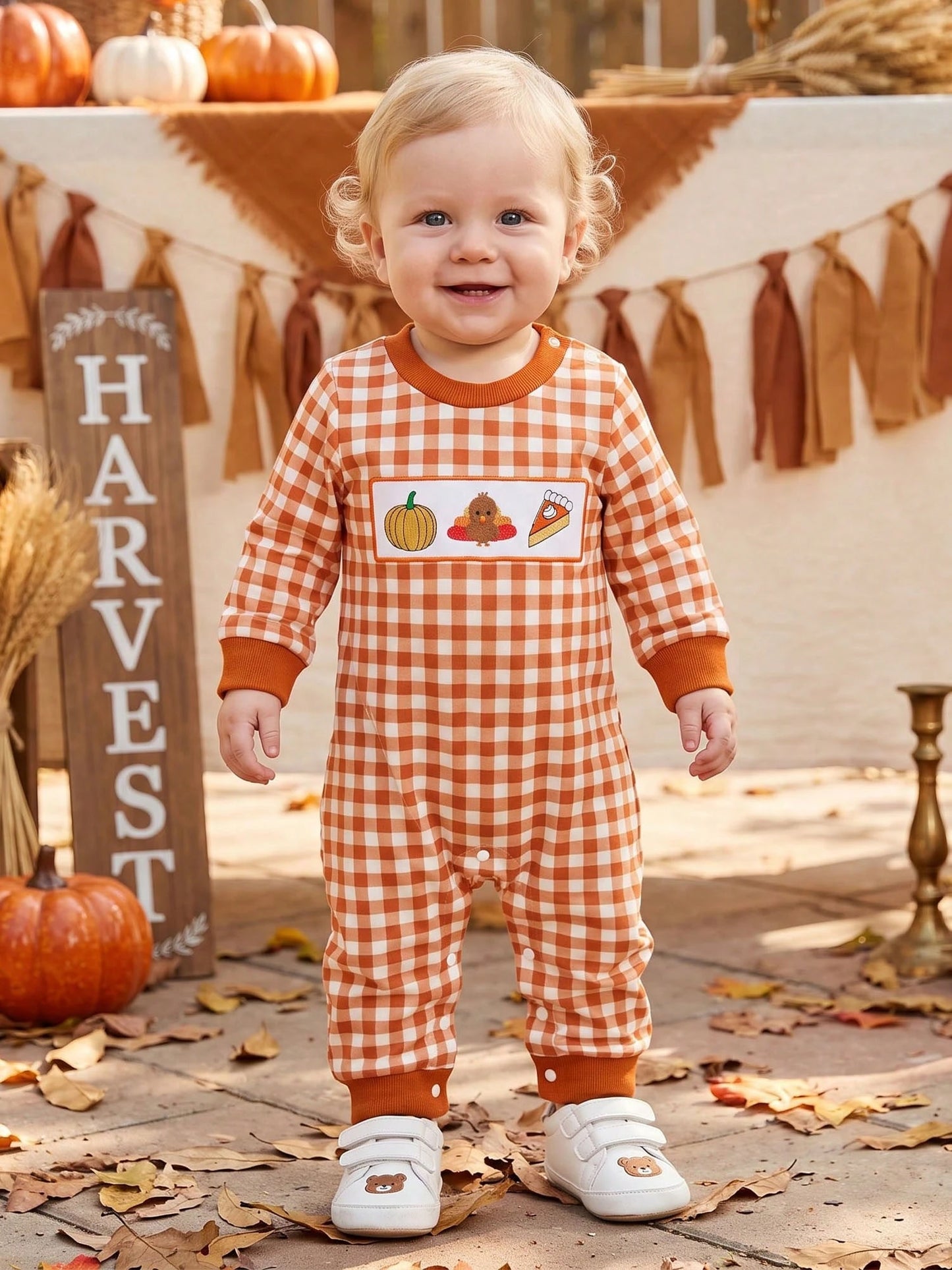 Baby Gingham Thanksgiving Romper Turkey Roast Croissant Embroidery Long Sleeve Snap Crotch Jumpsuit
