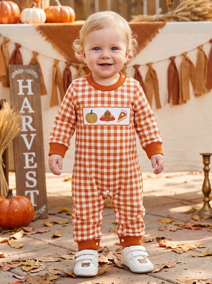 Baby Gingham Thanksgiving Romper Turkey Roast Croissant Embroidery Long Sleeve Snap Crotch Jumpsuit