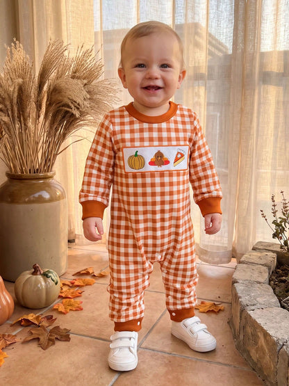 Baby Gingham Thanksgiving Romper Turkey Roast Croissant Embroidery Long Sleeve Snap Crotch Jumpsuit