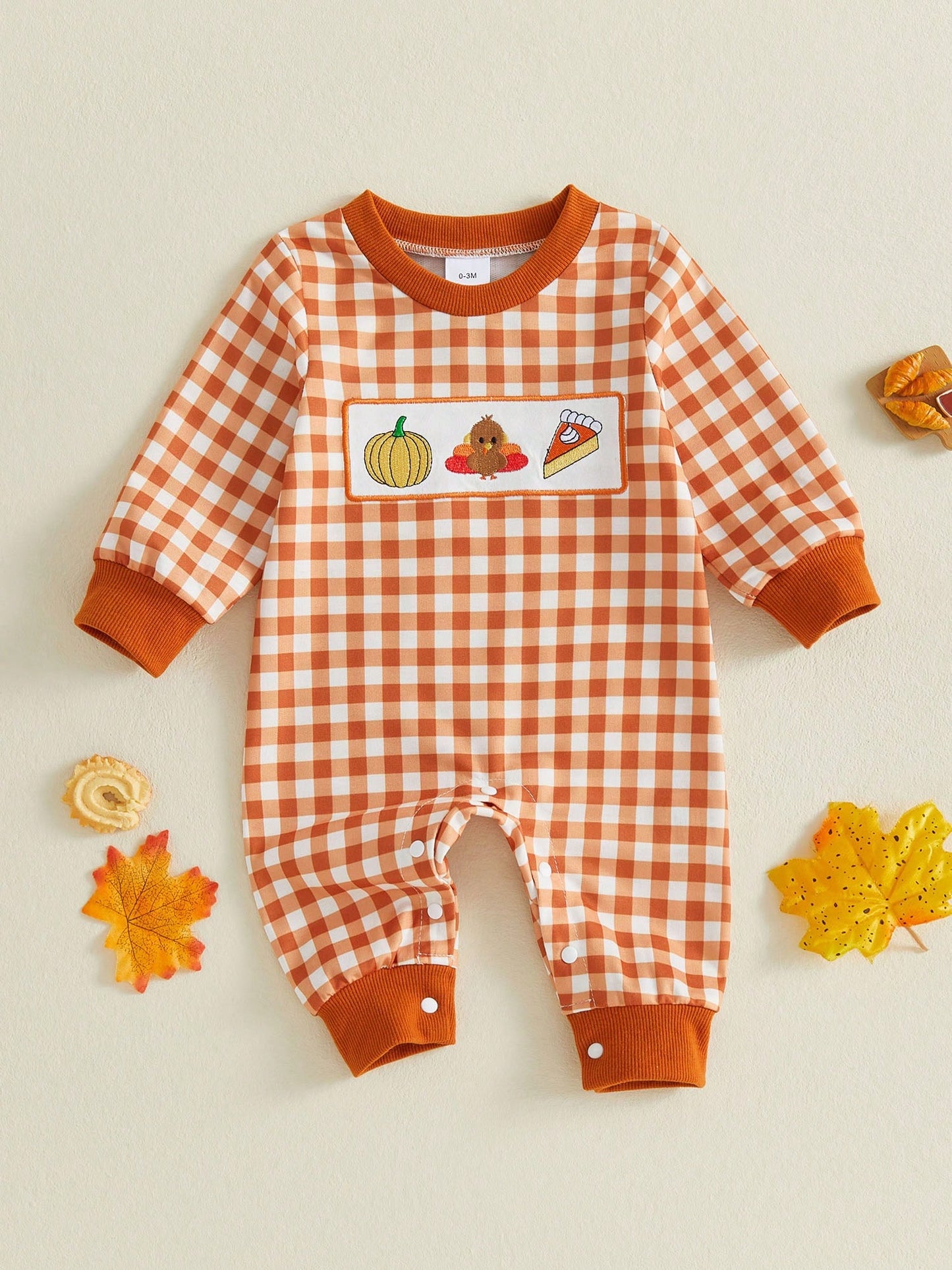 Baby Gingham Thanksgiving Romper Turkey Roast Croissant Embroidery Long Sleeve Snap Crotch Jumpsuit