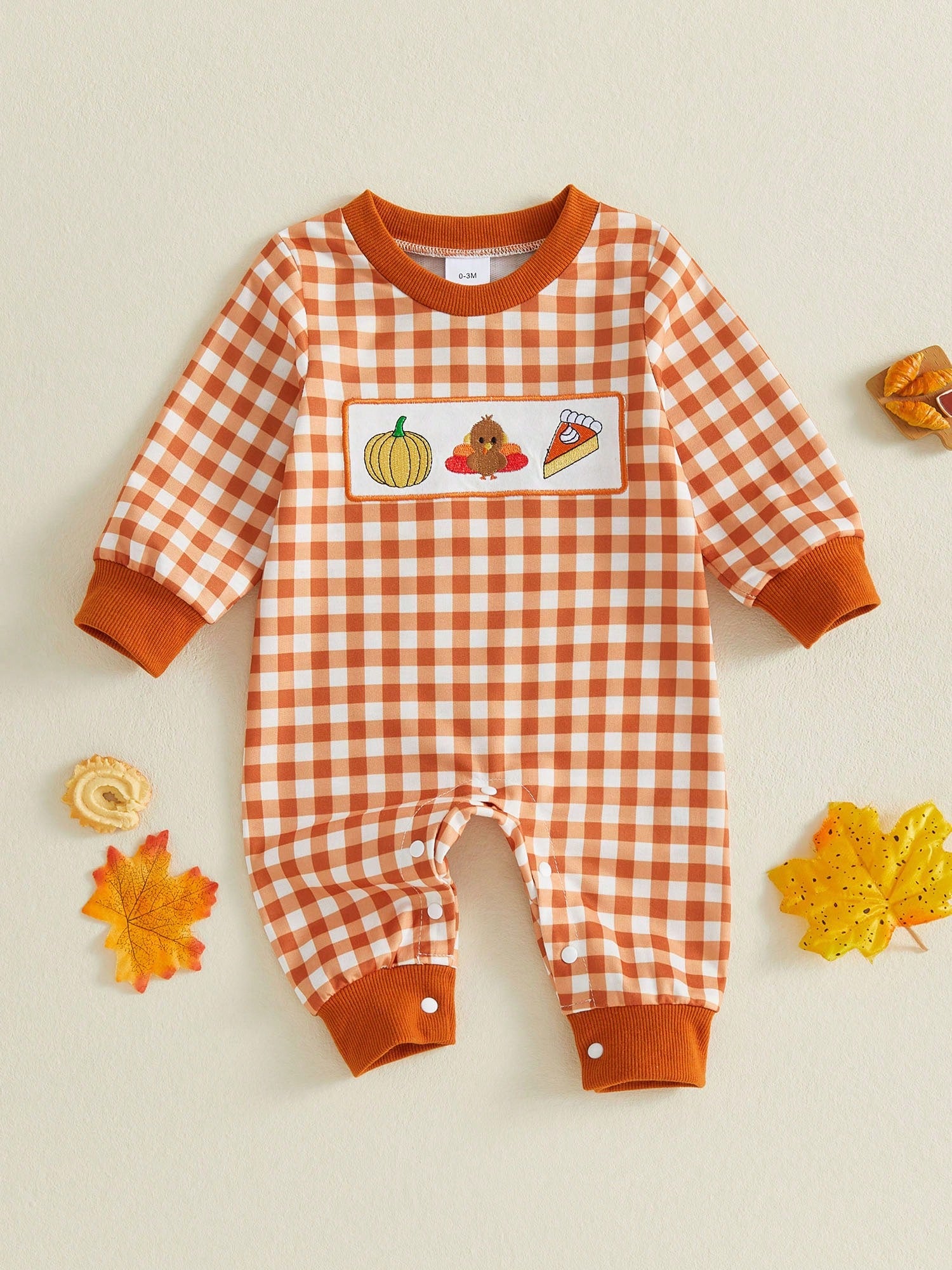Baby Gingham Thanksgiving Romper Turkey Roast Croissant Embroidery Long Sleeve Snap Crotch Jumpsuit
