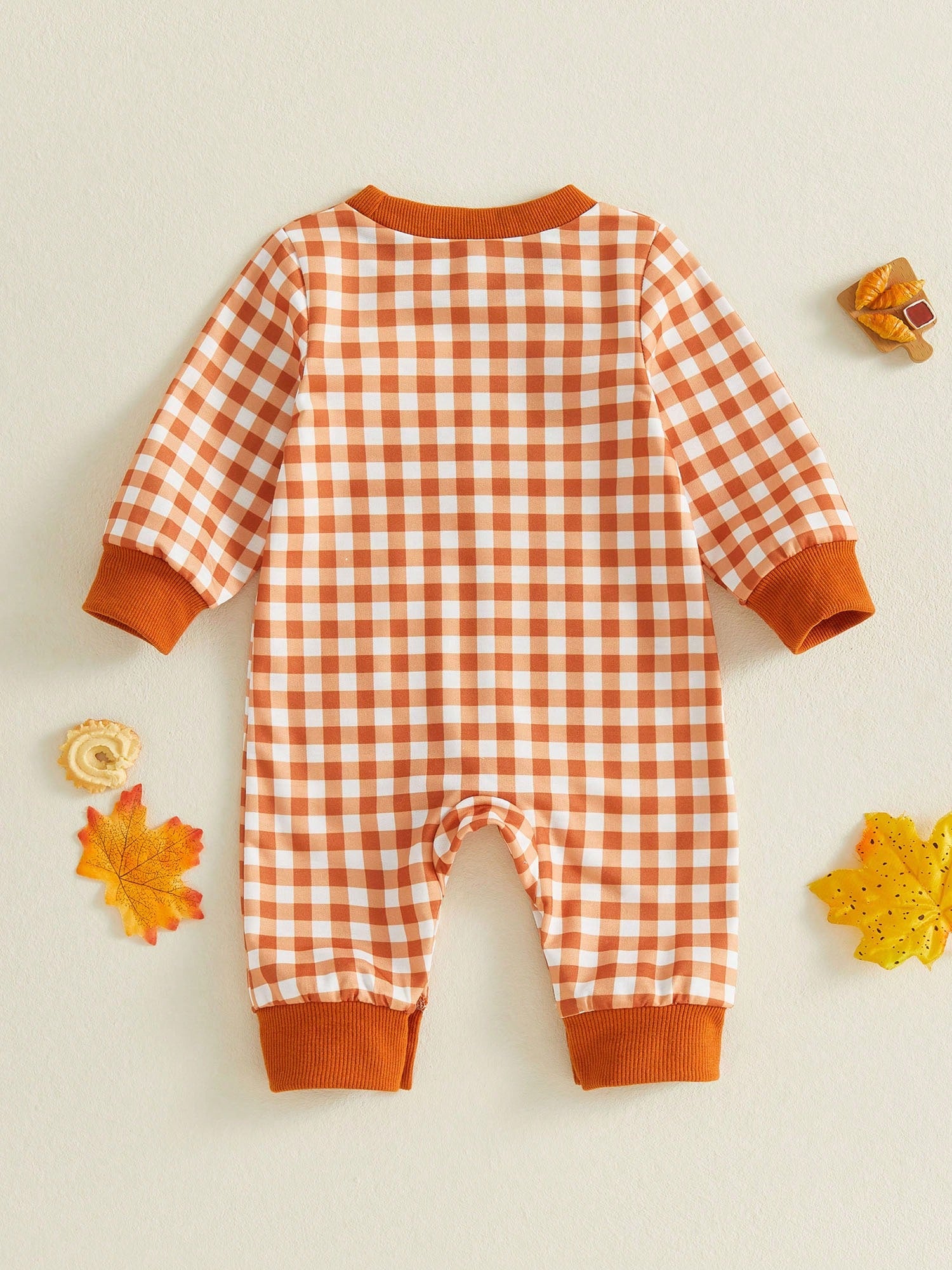 Baby Gingham Thanksgiving Romper Turkey Roast Croissant Embroidery Long Sleeve Snap Crotch Jumpsuit