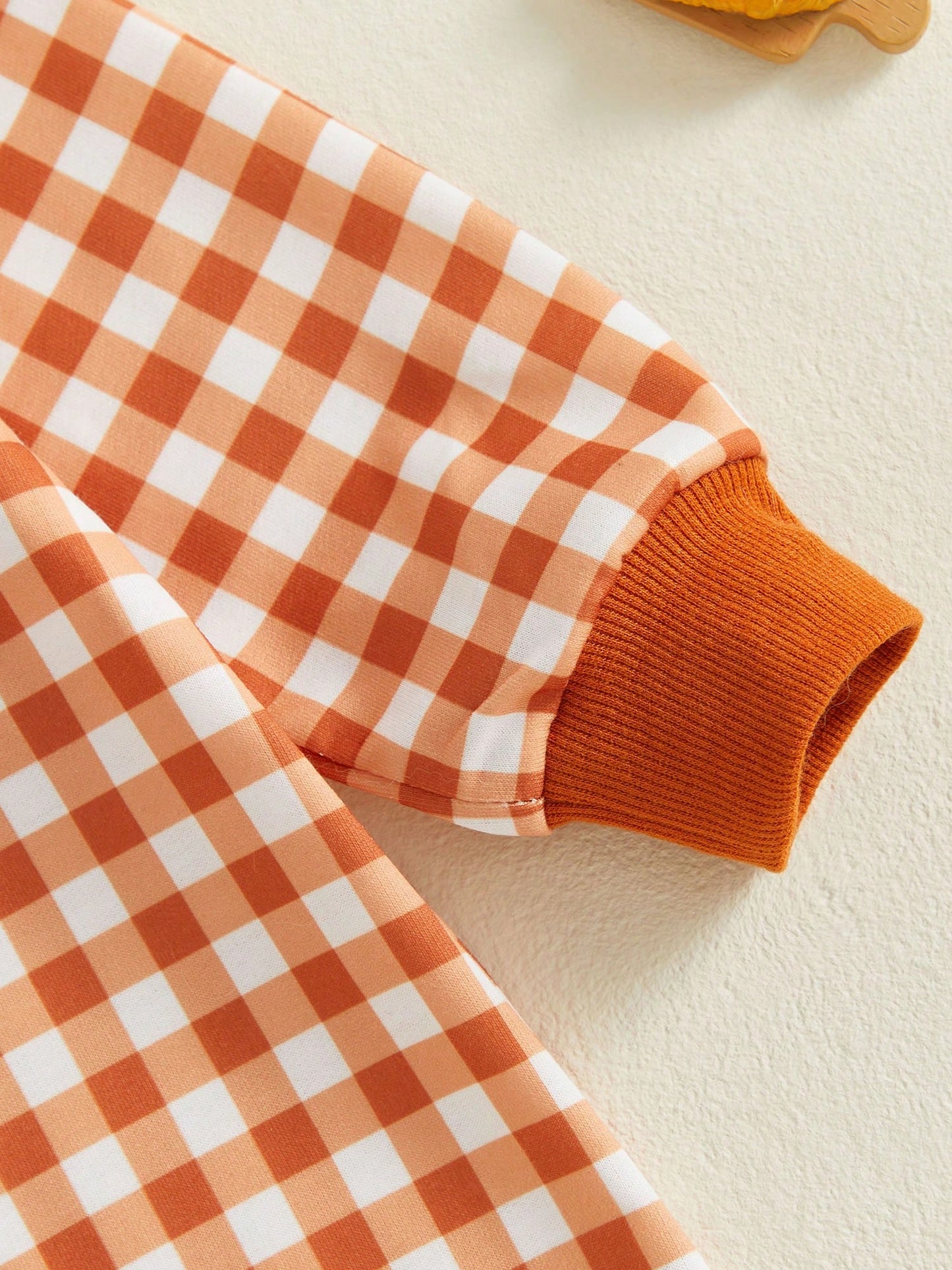 Baby Gingham Thanksgiving Romper Turkey Roast Croissant Embroidery Long Sleeve Snap Crotch Jumpsuit