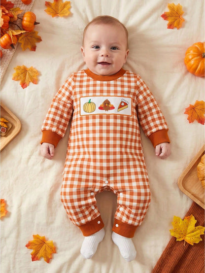 Baby Gingham Thanksgiving Romper Turkey Roast Croissant Embroidery Long Sleeve Snap Crotch Jumpsuit