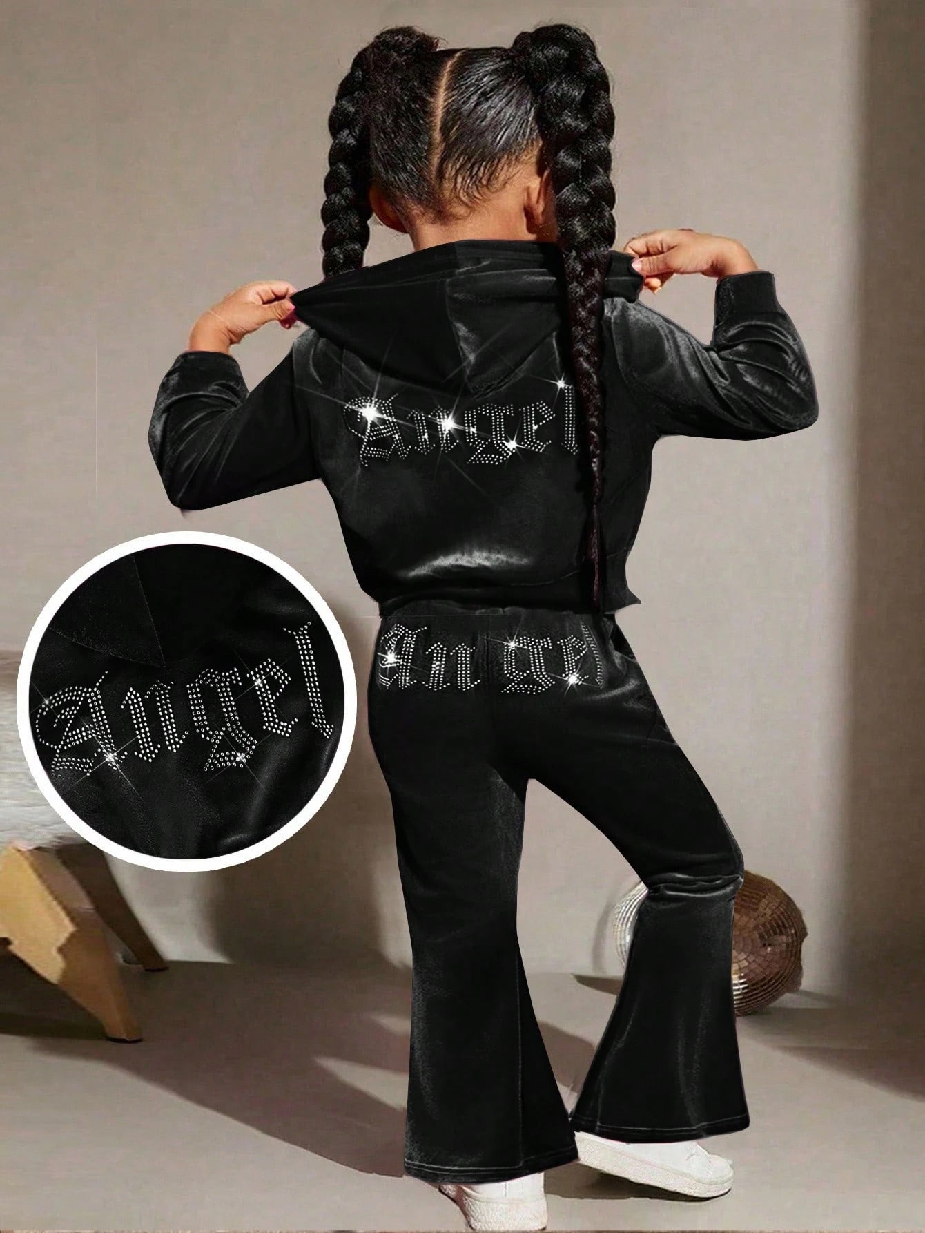 Baby Girl 2Pcs Black Sets, Letter Velvet Hoodie & Flare Winter Pants,Cute Y2k Outfits For Autumn Holiday Christmas,Fashionable Casual Sweatpants