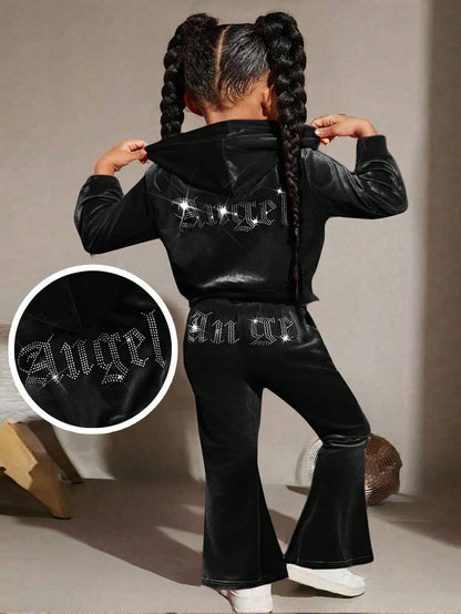 Baby Girl 2Pcs Black Sets, Letter Velvet Hoodie & Flare Winter Pants,Cute Y2k Outfits For Autumn Holiday Christmas,Fashionable Casual Sweatpants
