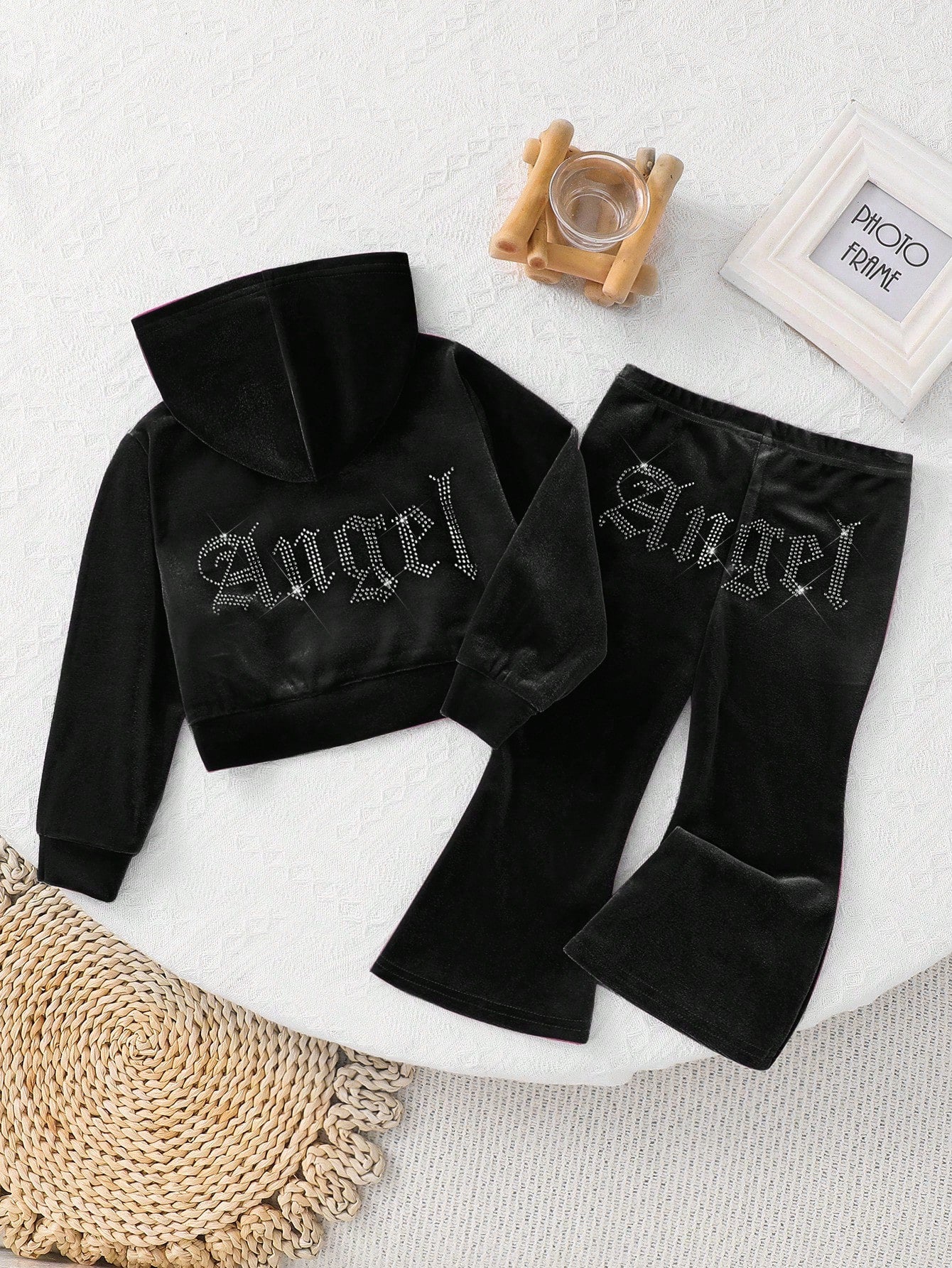 Baby Girl 2Pcs Black Sets, Letter Velvet Hoodie & Flare Winter Pants,Cute Y2k Outfits For Autumn Holiday Christmas,Fashionable Casual Sweatpants