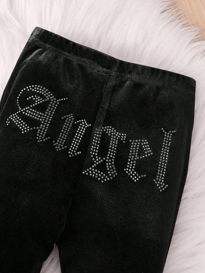 Baby Girl 2Pcs Black Sets, Letter Velvet Hoodie & Flare Winter Pants,Cute Y2k Outfits For Autumn Holiday Christmas,Fashionable Casual Sweatpants